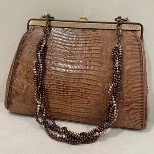 Vintage Tan Lizard Beaded Pearl Handle Handbag c1960s
